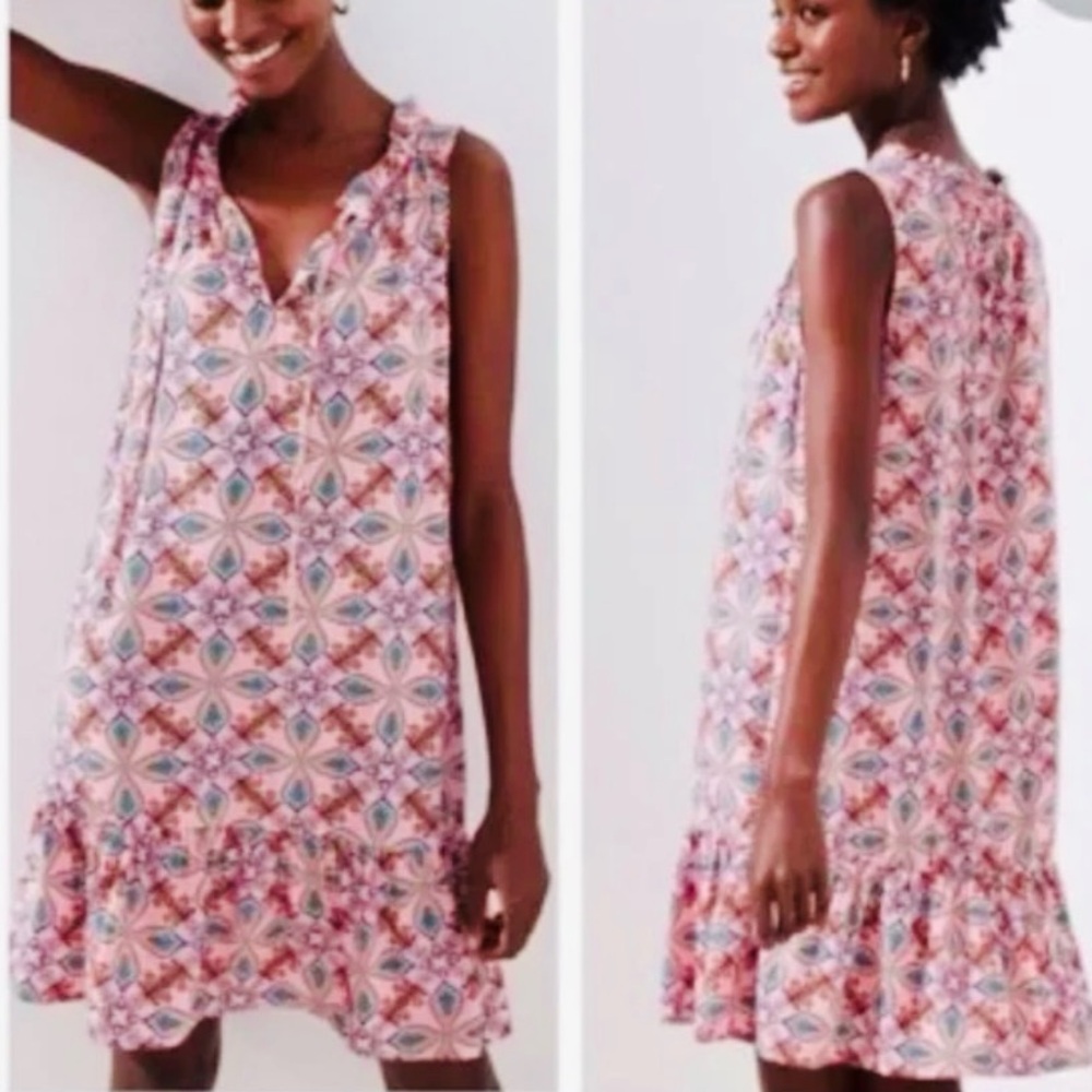 LOFT‎ Sleeveless Shift Dress Ruffled Rayon XS Pink Blue Summer Spring Wear